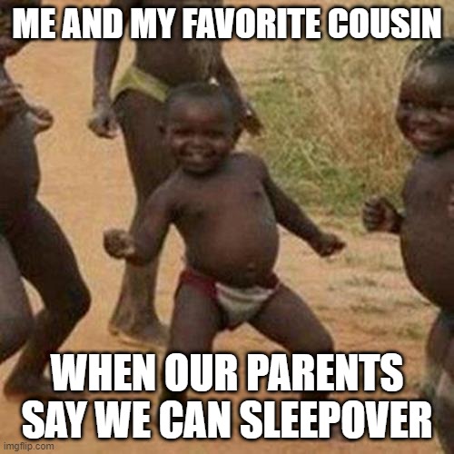Third World Success Kid | ME AND MY FAVORITE COUSIN; WHEN OUR PARENTS SAY WE CAN SLEEPOVER | image tagged in memes,third world success kid | made w/ Imgflip meme maker