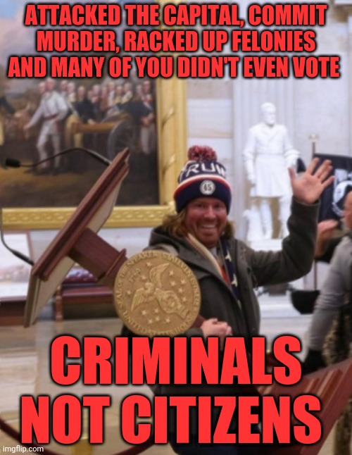 Capitol 2021 stealing guy | ATTACKED THE CAPITAL, COMMIT MURDER, RACKED UP FELONIES AND MANY OF YOU DIDN'T EVEN VOTE; CRIMINALS NOT CITIZENS | image tagged in capitol 2021 stealing guy | made w/ Imgflip meme maker