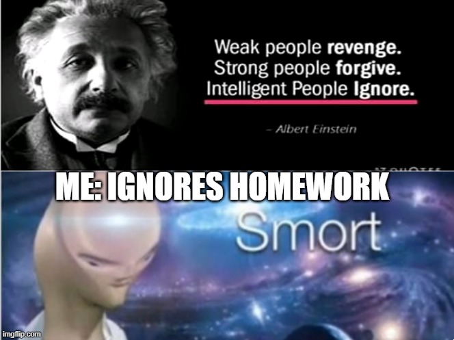 smort is troms back word, why this is important you ask, it isn't | ME: IGNORES HOMEWORK | image tagged in memes,smort,big brain,funny memes,albert einstein,quote | made w/ Imgflip meme maker