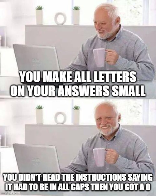 bruh | YOU MAKE ALL LETTERS ON YOUR ANSWERS SMALL; YOU DIDN'T READ THE INSTRUCTIONS SAYING IT HAD TO BE IN ALL CAPS THEN YOU GOT A 0 | image tagged in memes,hide the pain harold | made w/ Imgflip meme maker