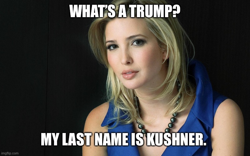 Ivanka Trump | WHAT’S A TRUMP? MY LAST NAME IS KUSHNER. | image tagged in ivanka trump | made w/ Imgflip meme maker