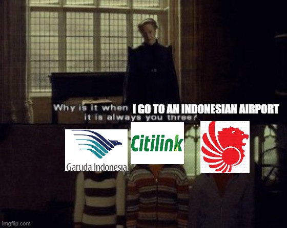 bruh y tho | I GO TO AN INDONESIAN AIRPORT | image tagged in aviation,indonesian airlines,garuda indonesia,lion air,citilink | made w/ Imgflip meme maker