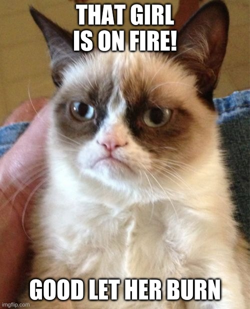 Grumpy Cat Meme | THAT GIRL IS ON FIRE! GOOD LET HER BURN | image tagged in memes,grumpy cat | made w/ Imgflip meme maker
