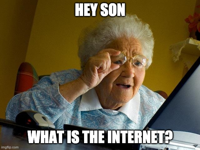 Grandma Finds The Internet | HEY SON; WHAT IS THE INTERNET? | image tagged in memes,grandma finds the internet | made w/ Imgflip meme maker