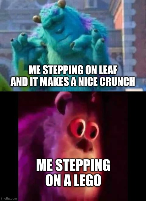 ME STEPPING ON LEAF AND IT MAKES A NICE CRUNCH; ME STEPPING ON A LEGO | image tagged in sully shutdown,sully groan | made w/ Imgflip meme maker