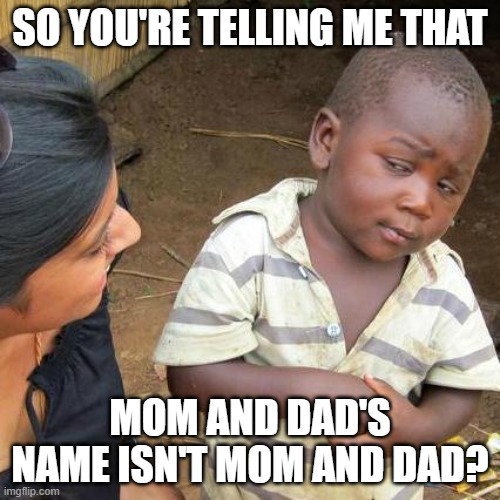 lies deceptions | SO YOU'RE TELLING ME THAT; MOM AND DAD'S NAME ISN'T MOM AND DAD? | image tagged in memes,third world skeptical kid | made w/ Imgflip meme maker