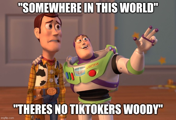 X, X Everywhere | "SOMEWHERE IN THIS WORLD"; "THERES NO TIKTOKERS WOODY" | image tagged in memes,x x everywhere | made w/ Imgflip meme maker