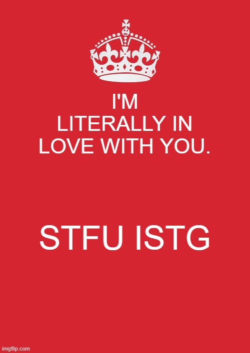 asfjasldfjalskjf alsdjflasjf lasdf this is for my partner :) | I'M LITERALLY IN LOVE WITH YOU. STFU ISTG | image tagged in keep calm and carry on red,very gay and emo,queer,lgbtq,love you,cute memes | made w/ Imgflip meme maker