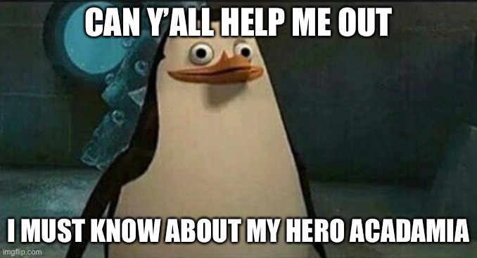 Help | CAN Y’ALL HELP ME OUT; I MUST KNOW ABOUT MY HERO ACADAMIA | image tagged in confused private penguin | made w/ Imgflip meme maker