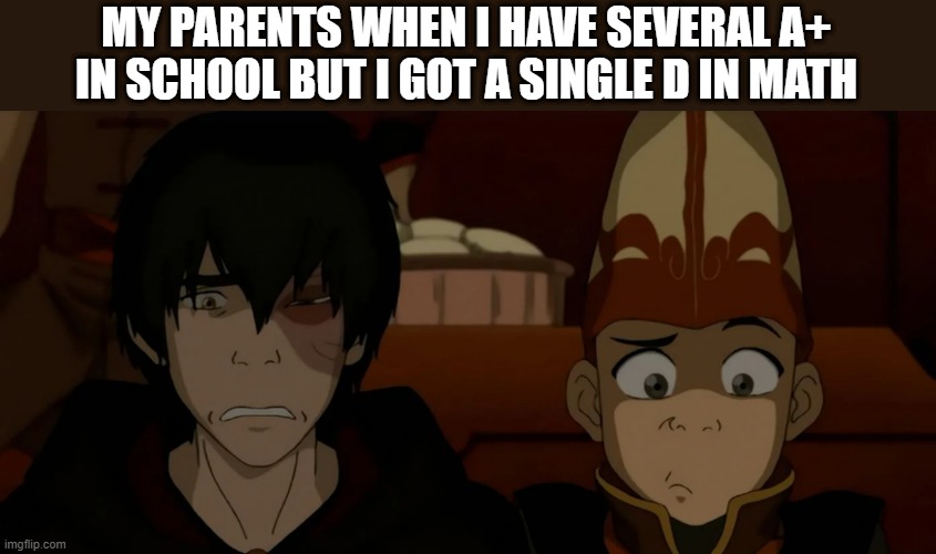 ZukoAang | MY PARENTS WHEN I HAVE SEVERAL A+ IN SCHOOL BUT I GOT A SINGLE D IN MATH | image tagged in zukoaang | made w/ Imgflip meme maker