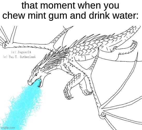 >:3 | that moment when you chew mint gum and drink water: | image tagged in memes,funny,wings of fire,frostbreath,icewing | made w/ Imgflip meme maker