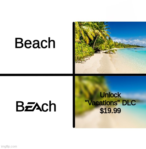we have to pay to go on vacation??!?1?!!?111!!?111?!?! | Beach; Unlock
"Vacations" DLC
$19.99; B    ch | image tagged in memes,blank starter pack,electronic arts,funny memes | made w/ Imgflip meme maker