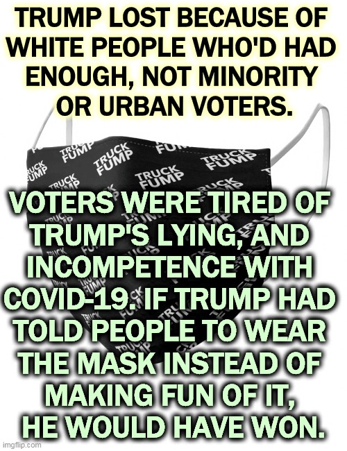 Trump fought science, and science won. | TRUMP LOST BECAUSE OF 
WHITE PEOPLE WHO'D HAD 
ENOUGH, NOT MINORITY 
OR URBAN VOTERS. VOTERS WERE TIRED OF 
TRUMP'S LYING, AND 
INCOMPETENCE WITH 
COVID-19. IF TRUMP HAD 
TOLD PEOPLE TO WEAR 
THE MASK INSTEAD OF 
MAKING FUN OF IT, 
HE WOULD HAVE WON. | image tagged in truck fump face mask,trump,dishonest donald,lying,incompetence,loser | made w/ Imgflip meme maker