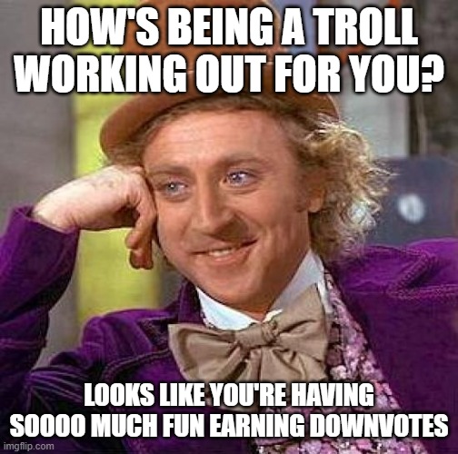 Creepy Condescending Wonka Meme | HOW'S BEING A TROLL WORKING OUT FOR YOU? LOOKS LIKE YOU'RE HAVING SOOOO MUCH FUN EARNING DOWNVOTES | image tagged in memes,creepy condescending wonka | made w/ Imgflip meme maker