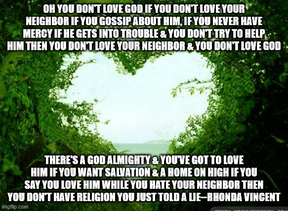 nature heart | OH YOU DON'T LOVE GOD IF YOU DON'T LOVE YOUR NEIGHBOR IF YOU GOSSIP ABOUT HIM, IF YOU NEVER HAVE MERCY IF HE GETS INTO TROUBLE & YOU DON'T TRY TO HELP HIM THEN YOU DON'T LOVE YOUR NEIGHBOR & YOU DON'T LOVE GOD; THERE'S A GOD ALMIGHTY & YOU'VE GOT TO LOVE HIM IF YOU WANT SALVATION & A HOME ON HIGH IF YOU SAY YOU LOVE HIM WHILE YOU HATE YOUR NEIGHBOR THEN YOU DON'T HAVE RELIGION YOU JUST TOLD A LIE--RHONDA VINCENT | image tagged in nature heart | made w/ Imgflip meme maker