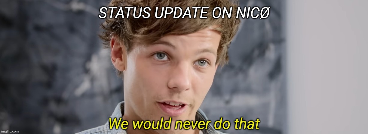 Louis Tomlinson We would never do that | STATUS UPDATE ON NICØ | image tagged in louis tomlinson we would never do that | made w/ Imgflip meme maker