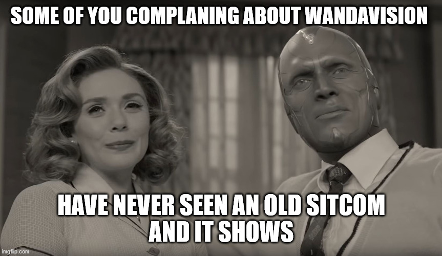 Wandavision | SOME OF YOU COMPLANING ABOUT WANDAVISION; HAVE NEVER SEEN AN OLD SITCOM
AND IT SHOWS | image tagged in wandavision,wanda,vision,funny | made w/ Imgflip meme maker
