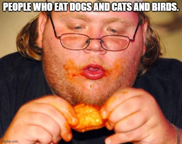 fat guy eating wings | PEOPLE WHO EAT DOGS AND CATS AND BIRDS. | image tagged in fat guy eating wings | made w/ Imgflip meme maker