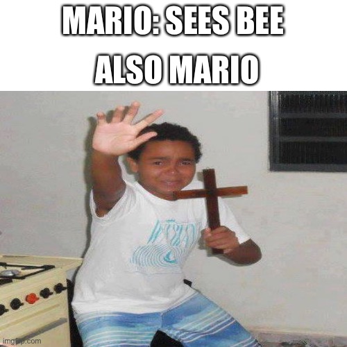 Mario when sees be | ALSO MARIO; MARIO: SEES BEE | image tagged in bee,smg4,mario,scared kid holding a cross | made w/ Imgflip meme maker