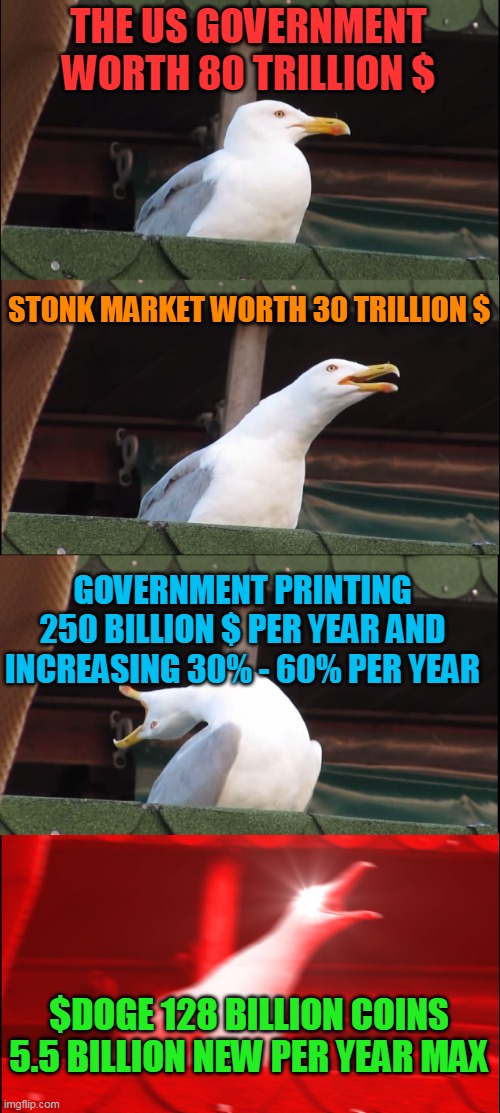 Inhaling Seagull | THE US GOVERNMENT WORTH 80 TRILLION $; STONK MARKET WORTH 30 TRILLION $; GOVERNMENT PRINTING 250 BILLION $ PER YEAR AND INCREASING 30% - 60% PER YEAR; $DOGE 128 BILLION COINS 5.5 BILLION NEW PER YEAR MAX | image tagged in memes,inhaling seagull | made w/ Imgflip meme maker