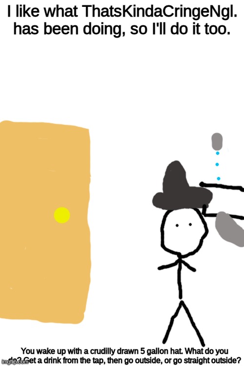 I like what ThatsKindaCringeNgl. has been doing, so I'll do it too. You wake up with a crudilly drawn 5 gallon hat. What do you do? Get a drink from the tap, then go outside, or go straight outside? | image tagged in blank white template | made w/ Imgflip meme maker