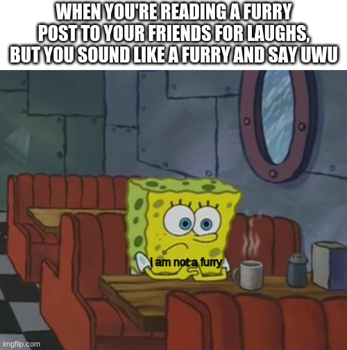 UwU | WHEN YOU'RE READING A FURRY POST TO YOUR FRIENDS FOR LAUGHS, BUT YOU SOUND LIKE A FURRY AND SAY UWU; I am not a furry | image tagged in spongebob waiting,furry,regret,regrets,kill me,please kill me | made w/ Imgflip meme maker