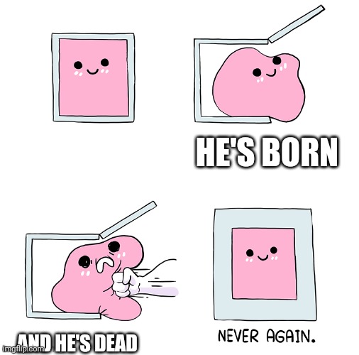 Idk why | HE'S BORN; AND HE'S DEAD | image tagged in pink blob in the box | made w/ Imgflip meme maker