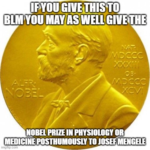 Nobel peace prize | IF YOU GIVE THIS TO BLM YOU MAY AS WELL GIVE THE; NOBEL PRIZE IN PHYSIOLOGY OR MEDICINE POSTHUMOUSLY TO JOSEF MENGELE | image tagged in nobel peace prize | made w/ Imgflip meme maker
