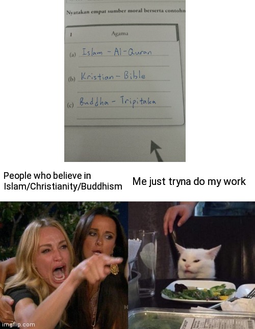 I live in a multicultural country so, I said this so that the meme makes sense | People who believe in Islam/Christianity/Buddhism; Me just tryna do my work | image tagged in memes,woman yelling at cat | made w/ Imgflip meme maker