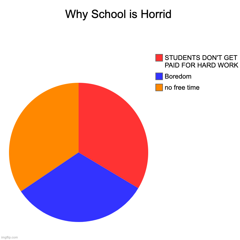 BIG Reasons | Why School is Horrid | no free time, Boredom , STUDENTS DON'T GET PAID FOR HARD WORK | image tagged in charts,pie charts,memes,school,funny | made w/ Imgflip chart maker