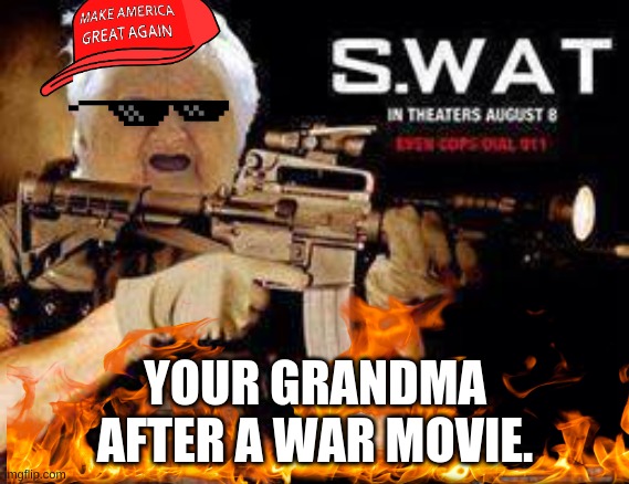 YOUR GRANDMA AFTER A WAR MOVIE. | image tagged in wat,swat,funny,fun,grandma | made w/ Imgflip meme maker