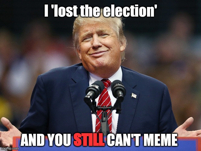 What side can't meme again? | I 'lost the election'; AND YOU; STILL; CAN'T MEME | image tagged in left,dem,dems,democrat,cognative dissonance,control | made w/ Imgflip meme maker