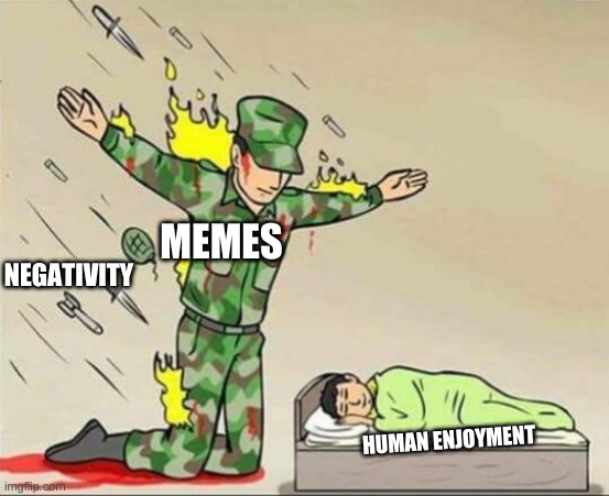 Memes save us from a desease called... DEPRESSION! | NEGATIVITY; MEMES; HUMAN ENJOYMENT | image tagged in soldier protecting sleeping child | made w/ Imgflip meme maker