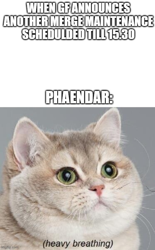 Heavy Breathing Cat Meme | WHEN GF ANNOUNCES ANOTHER MERGE MAINTENANCE SCHEDULDED TILL 15.30; PHAENDAR: | image tagged in memes,heavy breathing cat | made w/ Imgflip meme maker