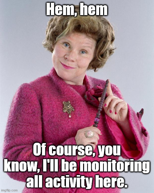 dolores umbridge | Hem, hem Of course, you know, I'll be monitoring all activity here. | image tagged in dolores umbridge | made w/ Imgflip meme maker