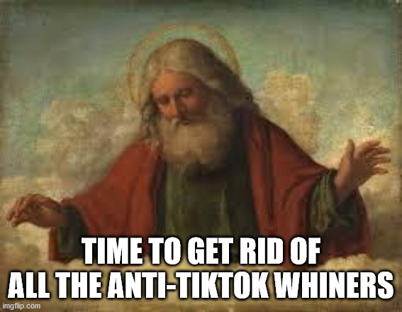 god | TIME TO GET RID OF ALL THE ANTI-TIKTOK WHINERS | image tagged in god | made w/ Imgflip meme maker