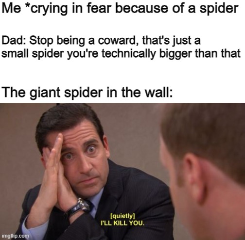 Scared of spiders society, We will rise... | Me *crying in fear because of a spider; Dad: Stop being a coward, that's just a small spider you're technically bigger than that; The giant spider in the wall: | image tagged in i'll kill you | made w/ Imgflip meme maker