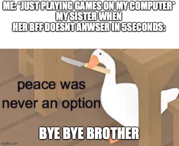 Untitled Goose Peace Was Never an Option | ME: *JUST PLAYING GAMES ON MY COMPUTER*
MY SISTER WHEN HER BFF DOESNT ANWSER IN 5SECONDS:; BYE BYE BROTHER | image tagged in untitled goose peace was never an option | made w/ Imgflip meme maker