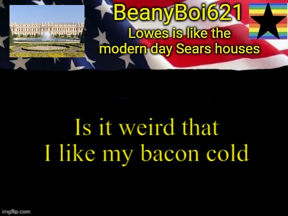 American beany | Is it weird that I like my bacon cold | image tagged in american beany | made w/ Imgflip meme maker