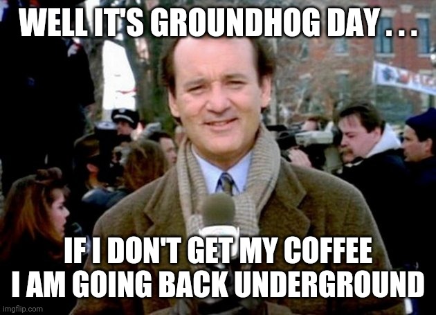 bill murray groundhog day | WELL IT'S GROUNDHOG DAY . . . IF I DON'T GET MY COFFEE I AM GOING BACK UNDERGROUND | image tagged in bill murray groundhog day | made w/ Imgflip meme maker