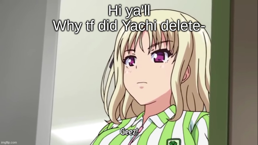 Geez! | Hi ya'll
Why tf did Yachi delete- | image tagged in geez | made w/ Imgflip meme maker