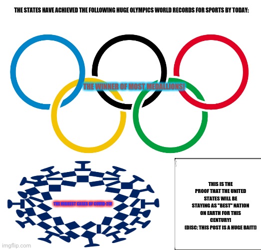 Olympics Logo | THE STATES HAVE ACHIEVED THE FOLLOWING HUGE OLYMPICS WORLD RECORDS FOR SPORTS BY TODAY:; THE WINNER OF MOST MEDALLIONS! THIS IS THE PROOF THAT THE UNITED STATES WILL BE STAYING AS "BEST" NATION ON EARTH FOR THIS CENTURY!
(DISC: THIS POST IS A HUGE BAIT!); THE HIGHEST CASES OF COVID-20! | image tagged in memes,special olympics,sad truth | made w/ Imgflip meme maker