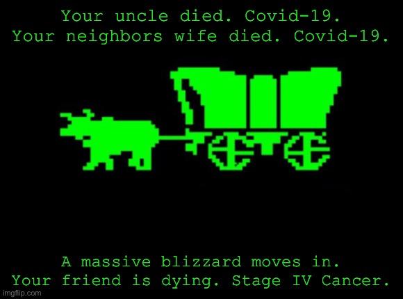 Oregon trail | Your uncle died. Covid-19. Your neighbors wife died. Covid-19. A massive blizzard moves in. Your friend is dying. Stage IV Cancer. | image tagged in oregon trail,true story,memes,new normal | made w/ Imgflip meme maker