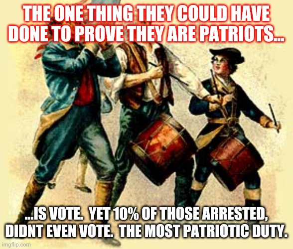 Your 1st patriotic duty is to vote.  No wonder he lost, you all were told not to bother, and you didn't.  Patriots. | THE ONE THING THEY COULD HAVE DONE TO PROVE THEY ARE PATRIOTS... ...IS VOTE.  YET 10% OF THOSE ARRESTED, DIDNT EVEN VOTE.  THE MOST PATRIOTIC DUTY. | image tagged in patriot,vote,capital riot | made w/ Imgflip meme maker