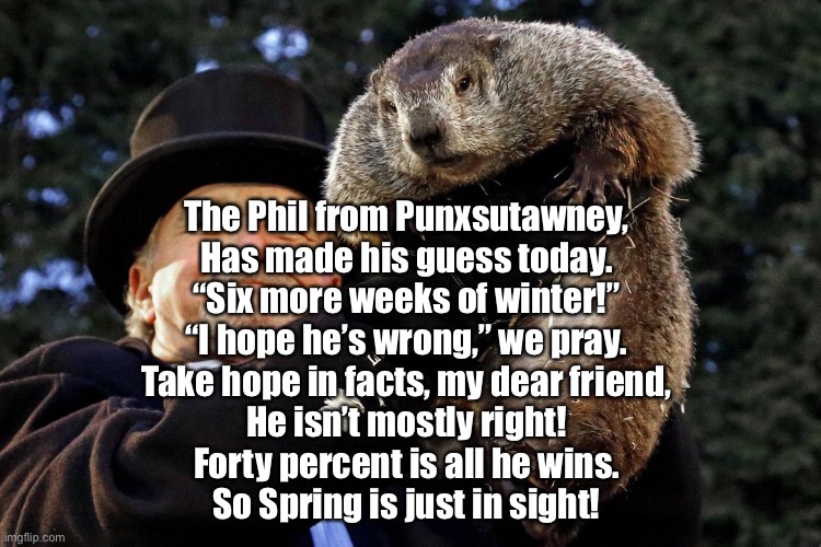 Punxsutawney Phil | The Phil from Punxsutawney,
Has made his guess today.
“Six more weeks of winter!”
“I hope he’s wrong,” we pray.
Take hope in facts, my dear friend,
He isn’t mostly right!
Forty percent is all he wins.
So Spring is just in sight! | image tagged in punxsutawney phil,spring,animals,weather,winter | made w/ Imgflip meme maker