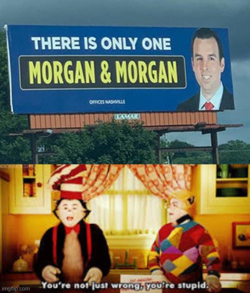 there are two morgans! | image tagged in memes,funny,signs/billboards,you're not just wrong your stupid,irony | made w/ Imgflip meme maker