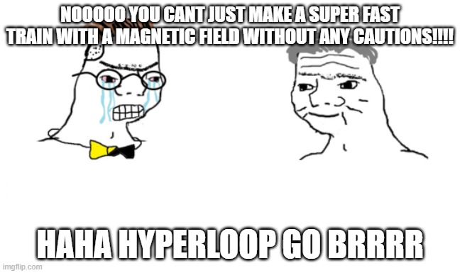 noooo you can't just | NOOOOO YOU CANT JUST MAKE A SUPER FAST TRAIN WITH A MAGNETIC FIELD WITHOUT ANY CAUTIONS!!!! HAHA HYPERLOOP GO BRRRR | image tagged in noooo you can't just | made w/ Imgflip meme maker