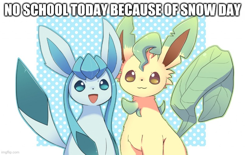 Glaceon x leafeon 4 | NO SCHOOL TODAY BECAUSE OF SNOW DAY | image tagged in glaceon x leafeon 4 | made w/ Imgflip meme maker
