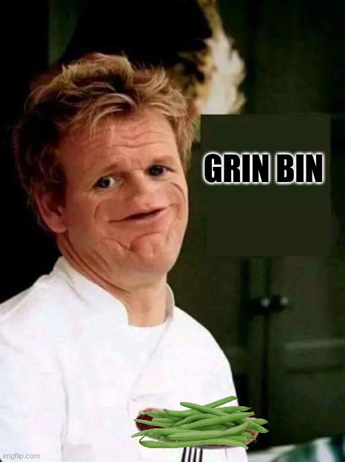 BEANS OF GREEN | GRIN BIN | image tagged in gordon ramsay no nose | made w/ Imgflip meme maker