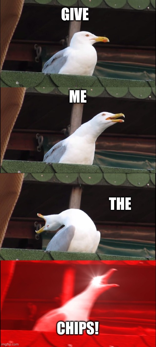 Inhaling Seagull | GIVE; ME; THE; CHIPS! | image tagged in memes,inhaling seagull | made w/ Imgflip meme maker